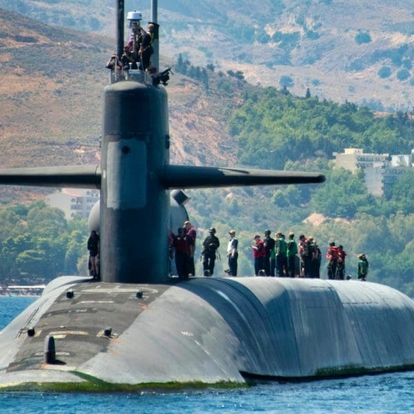 SOUDA BAY, Greece (Sept. 7, 2019) The Ohio-class cruise missile submarine USS Florida (SSGN 728) arrives in Souda Bay, Greece, for a scheduled port visit, Sept. 7, 2019. NSA Souda Bay is an operational ashore base that enables U.S., allied, and partner nation forces to be where they are needed and when they are needed to ensure security and stability in Europe, Africa, and Southwest Asia. (Photo by Joel Diller/Released)