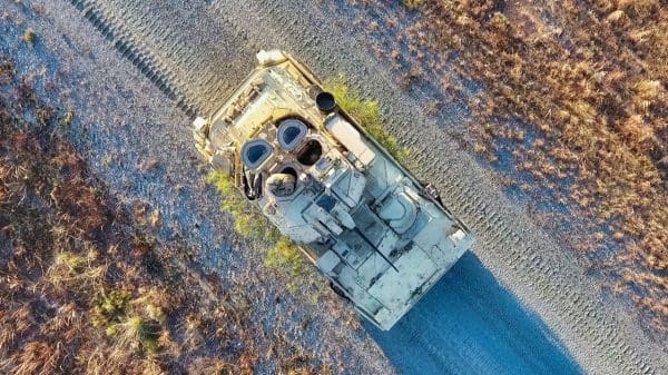 Aerial drone image of Bradley Fighting Vehicle crews from the 1st Armor Brigade Combat Team, 3rd Infantry Division, conducting Table XII gunnery at Fort Stewart, Ga. December 7, 2016.