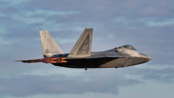A U.S. Air Force F-22 Raptor assigned to the 3rd Wing conducts flight operations at Joint Base Elmendorf-Richardson, Sept. 28, 2023. The F-22 Raptor is a critical component of the Global Strike Task Force, and is designed to project air dominance rapidly and at great distances to defeat threats. (U.S. Air Force photo by Senior Airman Julia Lebens)