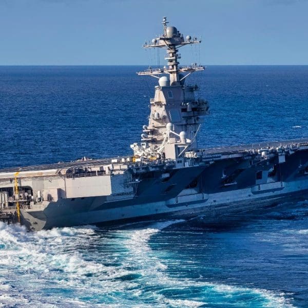 ATLANTIC OCEAN (Oct. 29, 2019) USS Gerald R. Ford (CVN 78) conducts high-speed turns in the Atlantic Ocean. Ford is at sea conducting sea trials following the in port portion of its 15 month post-shakedown availability. (U.S. Navy photo by Mass Communication Specialist 3rd Class Connor Loessin).