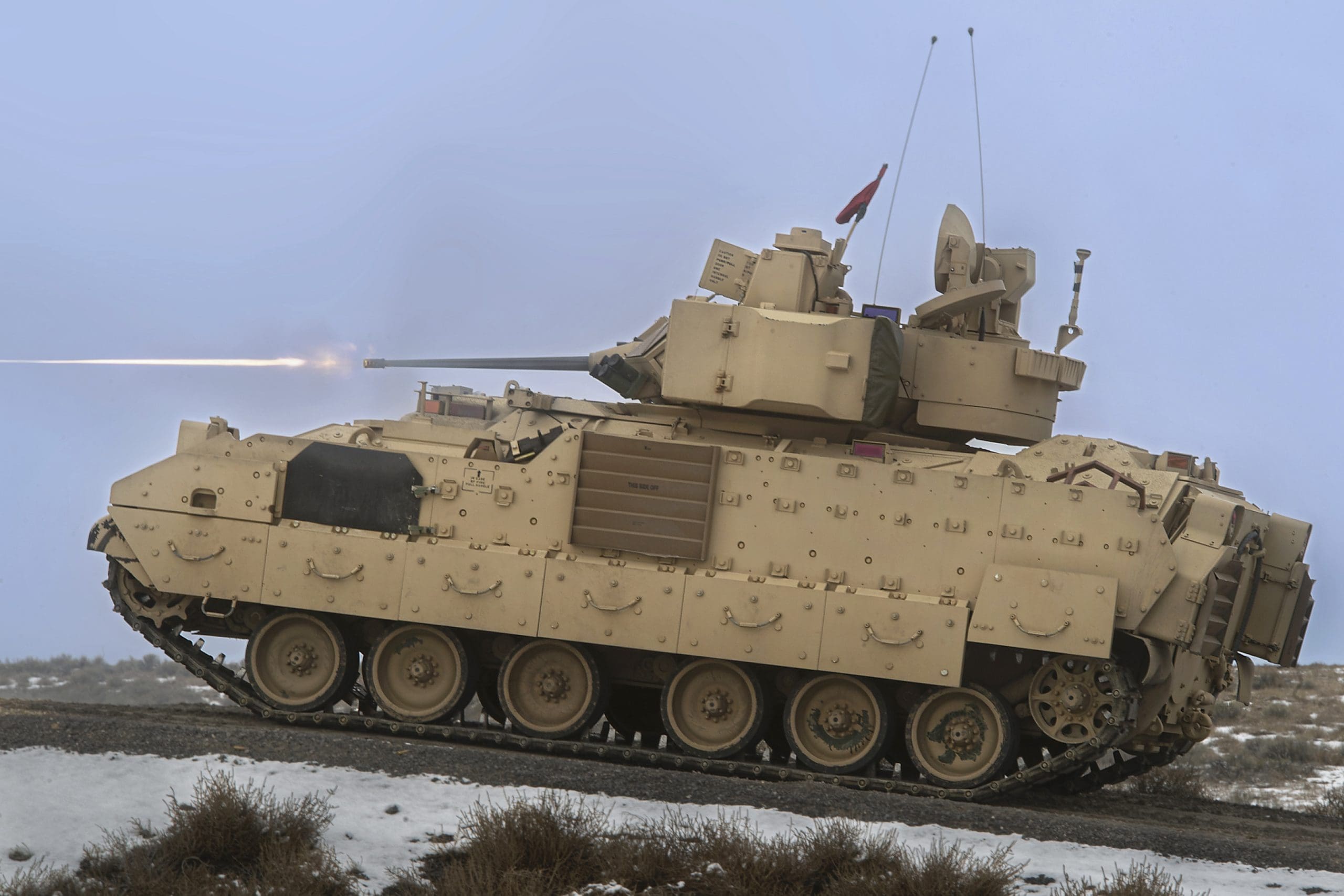 The Bradley Fighting Vehicle cuts loose several rounds from the 25mm main gun on the orchard Combat Training Center Range. Soldiers completed training this week of the Bradley Commanders Course with the 204th Regional Training Institute, (RTI), of the Idaho Army National Guard on Gowen Field. The course is designed to train active duty, reserve and national guard officers and non-commissioned officers in combat critical M3 Bradley Fighting Vehicle Commander Skills. Field exercises were conducted on the newest Range 10, the Digital Air Ground Integrated Range (DAGIR), on the Orchard Combat Training Center grounds.
