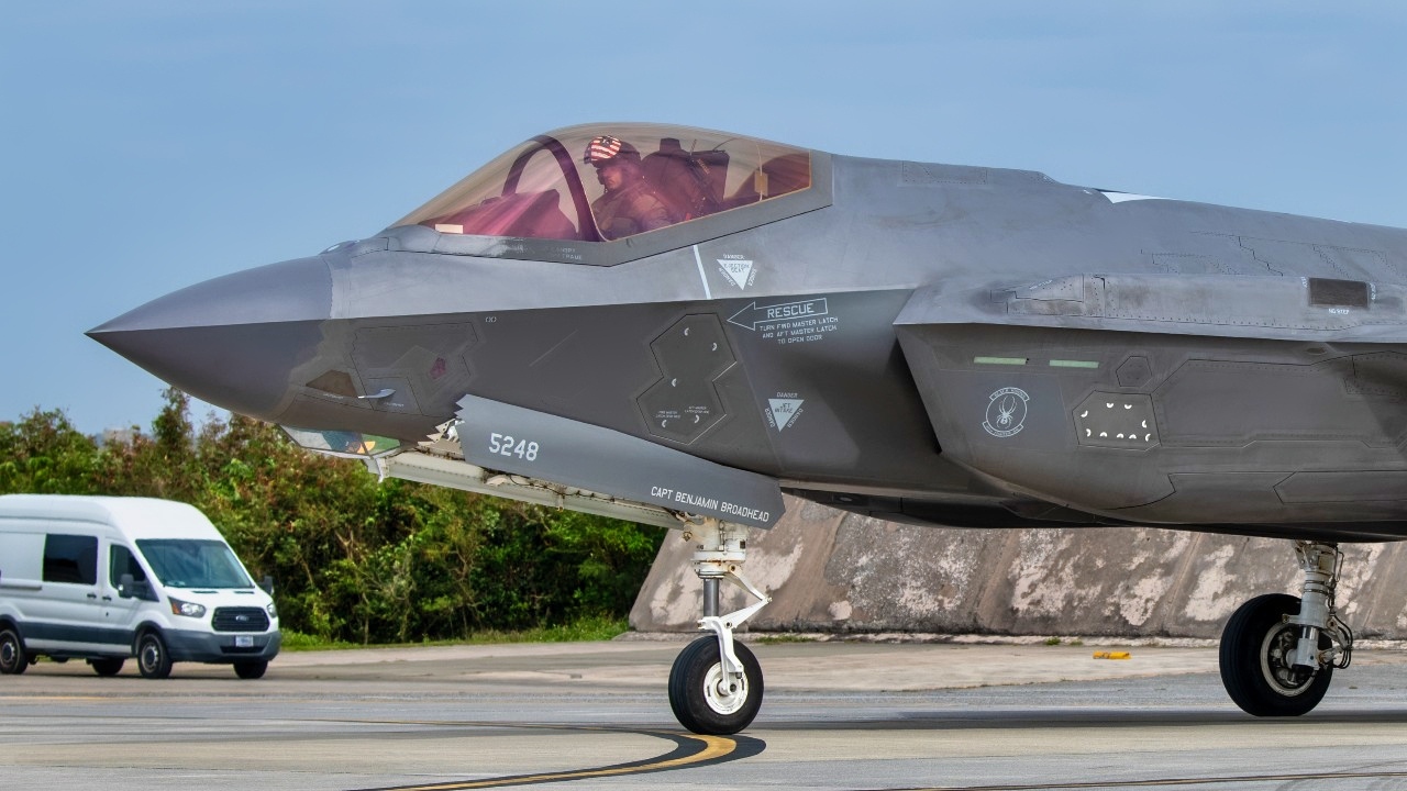 An F-35A Lightning II assigned to the 4th Fighter Squadron, Hill Air Force Base, Utah, taxis into position in front of two U.S. Air Force Airmen with the 18th Logistics Readiness Squadron for forward area refueling point operations during a FARP demonstration at Kadena Air Base, Japan, Feb. 14, 2024. FARP allows operators to transfer fuel from one aircraft to another; this process enables fighter aircraft to land, refuel or re-arm before returning to air-battle operations rapidly in contested environments. (U.S. Air Force photo by Airman 1st Class Jonathan R. Sifuentes)