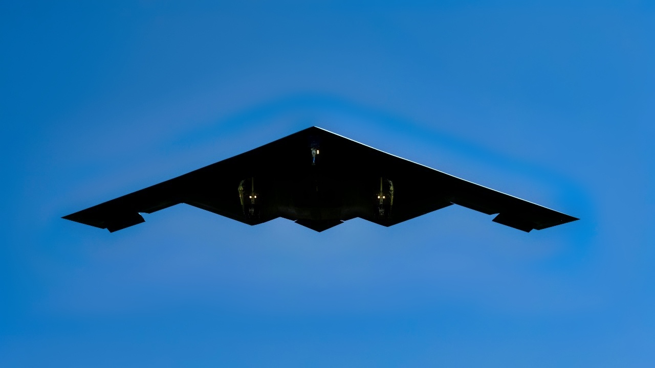 A B-2 Spirit returns to Whiteman Air Force Base, Missouri, from a deployment to Diego Garcia, British Indian Ocean Territory, May 9, 2025. The B-2 is capable of penetrating heavily defended air spaces and delivering conventional and nuclear munitions anywhere on the globe. (U.S. Air Force photo by Master Sgt. Kenneth W. Norman)