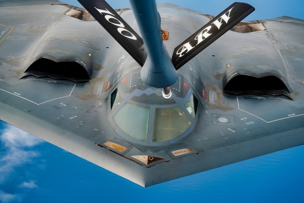 A U.S. Air Force B-2 Spirit assigned to the 509th Bomb Wing, conducts aerial refueling operations during a Bomber Task Force mission over the Atlantic Ocean, Sept. 6, 2021. Strategic bomber missions enhance the readiness and training necessary to respond to any potential crisis or challenge across the globe. (U.S. Air Force photo by Staff Sgt. Rachel Maxwell)