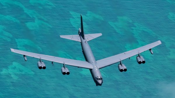 A U.S. Air Force B-52H Stratofortress aircraft flies in a seven-ship formation during the Hyundai Air and Sea Show at Miami Beach, Florida, May 24, 2025. The flyover represented the Air Force’s total force, integrating active duty, guard, and reserve pilots flying the B-1B Lancer, B-2 Spirit, F-22 Raptor, A-10 Thunderbolt II, B-52H Stratofortress, F-16C Fighting Falcon, and F-15C Eagle aircraft. (U.S. Air Force photo by Staff Sgt. Bailee A. Darbasie)