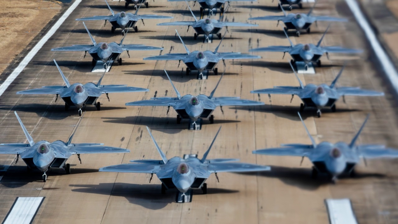 Aircraft from the 1st Fighter Wing conducted an Elephant Walk at Langley Air Force Base, Jan. 31, 2025, showcasing the wing's readiness and operational agility. This demonstration highlighted the wing's capability to mobilize forces rapidly in high-stress scenarios. The wing’s fleet includes F-22 Raptors and T-38 Talons. As Air Combat Command’s lead wing, the 1 FW maintains unparalleled combat readiness to ensure national defense at a moment’s notice. (U.S. Air Force photo by SrA Ian Sullens)
