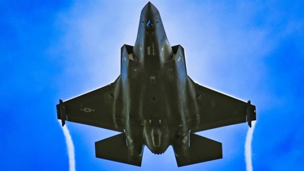 A U.S. Air Force F-35A Lightning II assigned to the 60th Fighter Squadron, flies overhead after conducting a live weapons drop at Camp Shelby, Miss., Oct 25, 2023. During the exercise, pilots tested various munitions including the GBU-12s, GBU-31v1s, and 362 rounds of 25mm Training Munitions from the gun.
