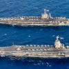 The U.S. Navy Gerald R. Ford–class aircraft carrier USS Gerald R. Ford (CVN-78) and the Nimitz-class aircraft carrier USS Harry S. Truman (CVN-75) underway in the Atlantic Ocean on 4 June 2020, marking the first time a Gerald R. Ford–class and a Nimitz-class aircraft carrier operated together underway.