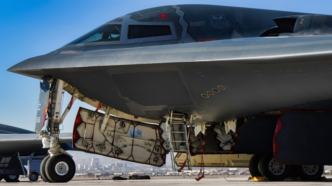 Three Whiteman Air Force Base 393rd Expeditionary Bomb Squadron B-2 Spirit stealth bombers sit on the runway during Red Flag-Nellis 22-1 on Jan. 26, 2022, at Nellis Air Force Base, Nevada. Red Flag-Nellis 22-1 provides realistic combat training that saves lives by increasing combat effectiveness. (U.S. Air Force photo by Senior Airman Michael A. Richmond)