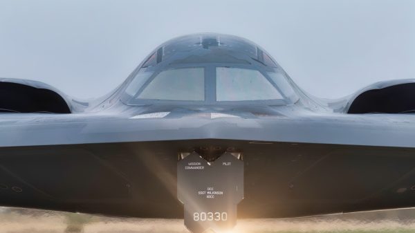 A B-2 Spirit Stealth Bomber, assigned to the 509th Bomb Wing, Whiteman Air Force Base, Missouri, taxis down a flight line, Oct 24, 2019. Total Force Airmen at Whiteman AFB are ready to execute the mission anytime, anywhere. (U.S. Air Force photo by Senior Airman Thomas Barley)