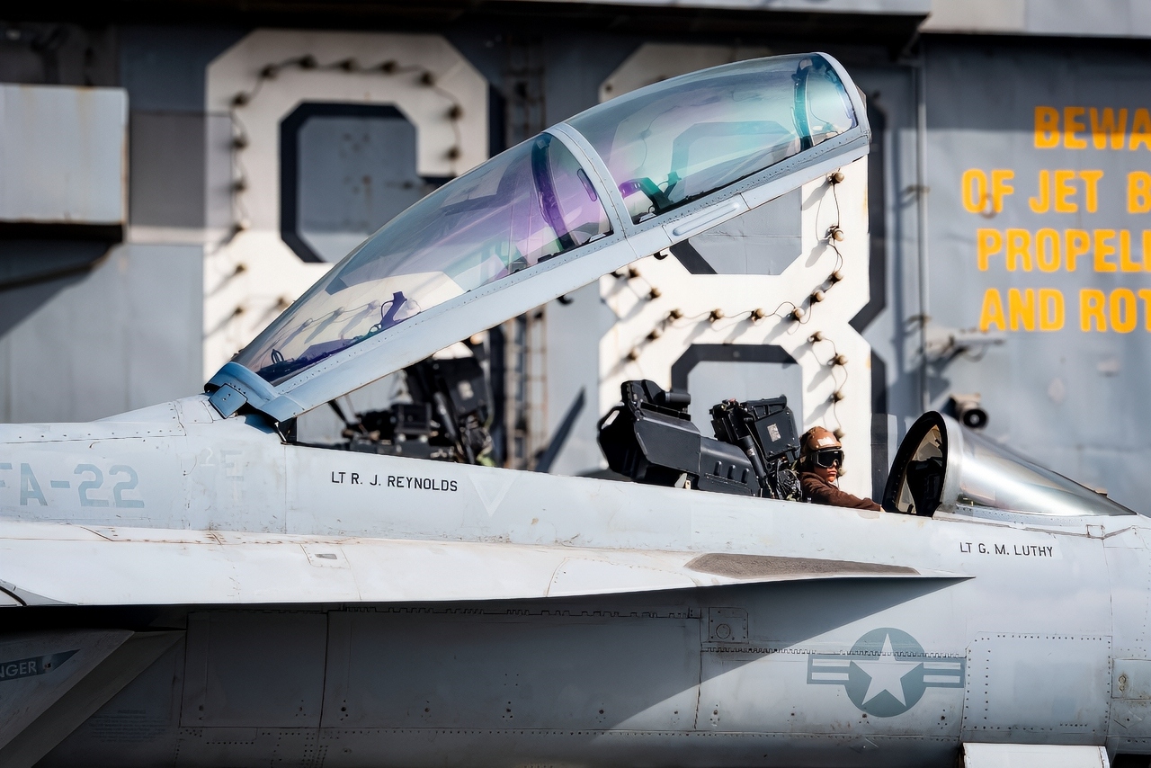 U.S. CENTRAL COMMAND AREA OF RESPONSIBILITY (July 22, 2025) An F/A-18F Super Hornet, attached to Strike Fighter Squadron (VFA) 22, taxis across the flight deck of the Nimitz-class aircraft carrier USS Nimitz (CVN 68) in the U.S. Central Command area of responsibility. (Official U.S. Navy photo)