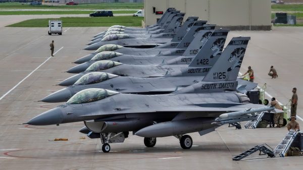 F-16 Fighting Falcons assigned to the 114th Fighter Wing sit ready on the ramp while conducting an elephant walk at Joe Foss Field, South Dakota, July 2, 2025. The 114th Fighter Wing conducted an elephant walk to demonstrate its ability to project fighter airpower. (U.S. Air National Guard photo by Master Sgt. Luke Olson)