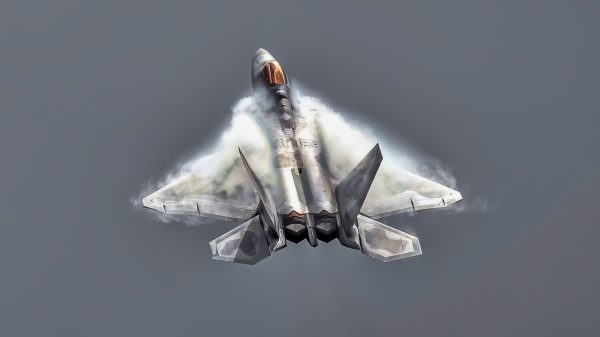 U.S. AIR FORCE ACADEMY, Colo. – An F-22 Raptor performs a flyover and air demonstration during noon meal formation at the U.S. Air Force Academy in Colorado Springs, Colo., April 14, 2023. Events such as these aim to cultivate warrior ethos, a future-focused mindset, and supplement existing character, leadership, and officer development efforts with the cadets. (U.S Air Force Photo by Trevor Cokley)