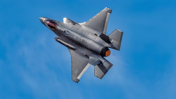 A U.S. Air Force F-35A Lightning II aircraft flies during the Heritage Flight Training Course at Davis-Monthan Air Force Base, Arizona, Feb. 28, 2025. The F-35 is designed to provide the pilot with unsurpassed situational awareness, positive target identification and precision strike in all weather conditions. (U.S. Air Force photo by Senior Airman Jasmyne Bridgers-Matos)