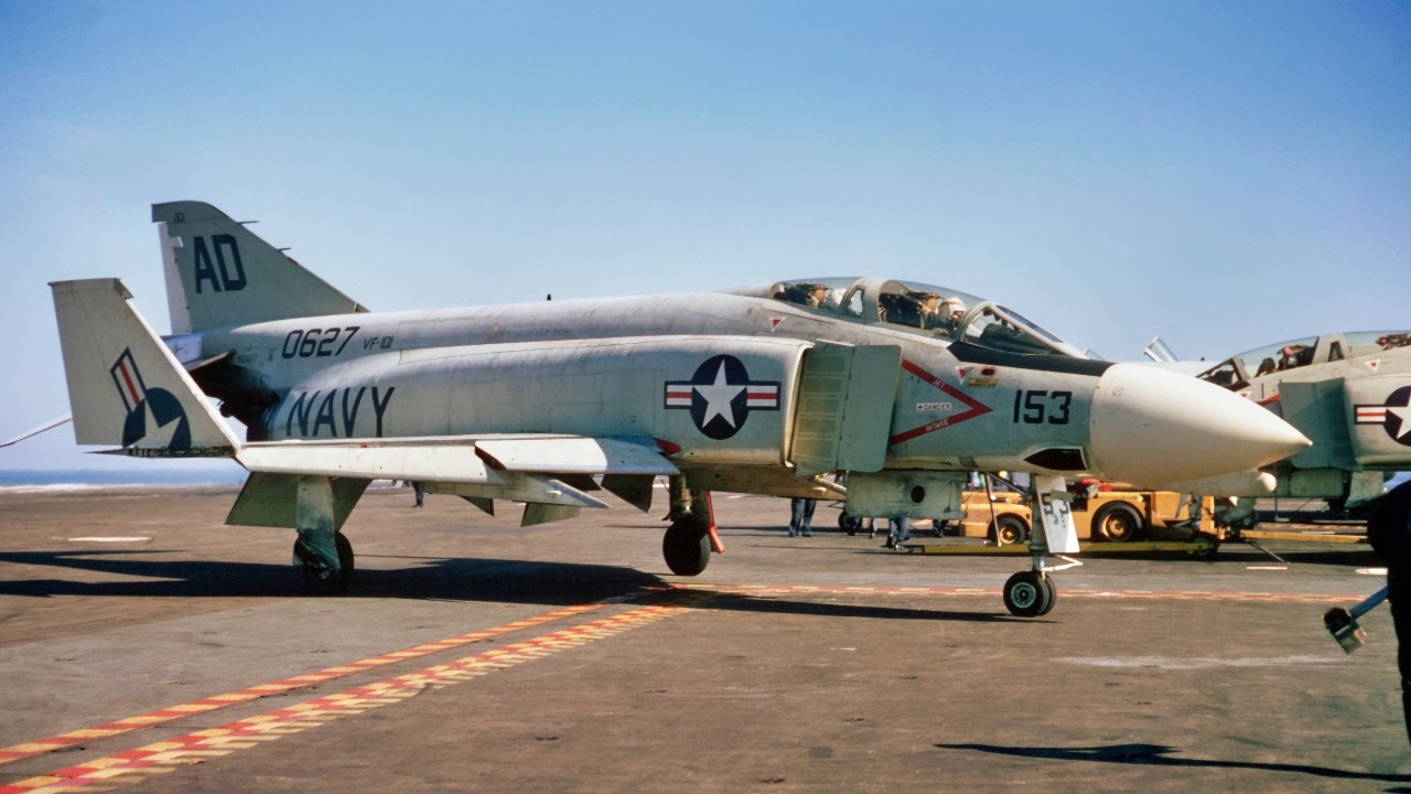 A Fighter Squadron 101 (VF-101) F-4J Phantom II aircraft taxis on the flight deck of the attack aircraft carrier USS AMERICA (CVA 66).