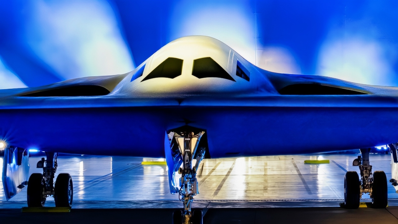 A B-21 Raider is unveiled at Northrop Grumman’s manufacturing facility on Air Force Plant 42 in Palmdale, California, Dec. 2, 2022. The B-21 will be a long-range, highly survivable, penetrating strike stealth bomber capable of delivering both conventional and nuclear munitions. (U.S. Air Force photo by Airman 1st Class Joshua M. Carroll)