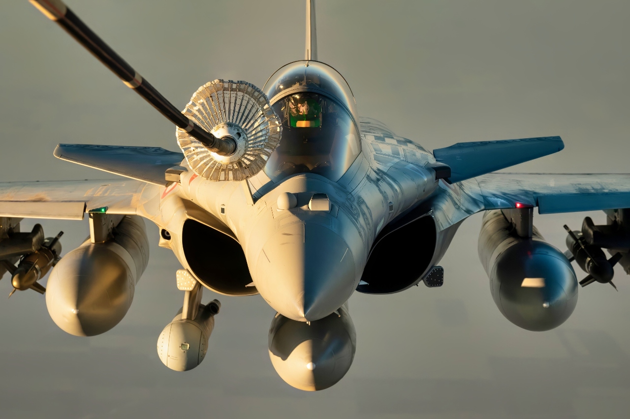 A French Rafale fighter aircraft prepares to receive fuel from a U.S. Air Force KC-10 Extender assigned to the 908th Expeditionary Air Refueling Squadron, during a partner nation aerial refueling mission in the U.S. Central Command area of responsibility, Feb. 20, 2023. The KC-10 provides U.S. and partner nation aircraft the ability to remain in the air for longer durations, maximizing their patrol time and ensuring regional stability. (U.S. Air Force photo by Tech. Sgt. Daniel Asselta)