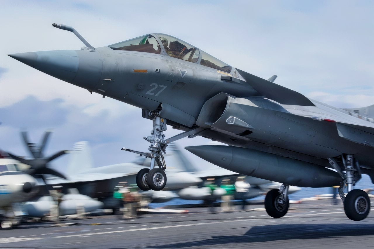(July 3, 2018) A French Dassault Rafale M Fighter touches down on the flight deck aboard the Nimitz-class aircraft carrier USS Harry S. Truman (CVN 75). Harry S. Truman is currently deployed as part of an ongoing rotation of U.S. forces supporting maritime security operations in international waters around the globe. (U.S. Navy photo by Mass Communication Specialist 3rd Class Rebekah A. Watkins/Released)