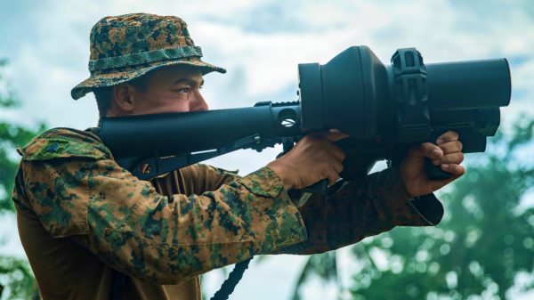 U.S. Marine Corps Sgt. Colin Clark, a mortarman assigned to Bravo Company, Battalion Landing Team 1/5, 15th Marine Expeditionary Unit, and a native of Texas, engages a target with a NightFighter S counter-unmanned aerial vehicle system during a demonstration for Philippine Marines assigned to Intelligence Company, 3rd Marine Brigade, as part of exercise KAMANDAG 8 at Tarumpitao Point, Palawan Province, Philippines, Oct. 17, 2024. KAMANDAG is an annual Philippine Marine Corps and U.S. Marine Corps-led exercise aimed at enhancing the Armed Forces of the Philippines’ defense and humanitarian capabilities by providing valuable training in combined operations with foreign militaries in the advancement of a Free and Open Indo-Pacific. This year marks the eighth iteration of this exercise and includes participants from the French Armed Forces, Royal Thai Marine Corps, and Indonesian Marine Corps; including continued participation from the Australian Defense Force, British Armed Forces, Japan Ground Self-Defense Force, and Republic of Korea Marine Corps. (U.S. Marine Corps photo by Sgt. Amelia Kang)