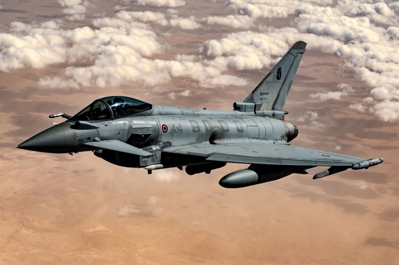 An Italian Air Force F-2000 Eurofighter Typhoon flies a routine presence patrol mission over the U.S. Central Command area of responsibility, Feb. 6, 2025. Close collaboration with partner nations improves interoperability, ensuring rapid crisis response and sustained operations to protect vital mutual interests in the AOR.