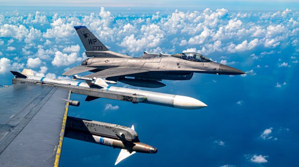 A 35th Fighter Squadron F-16 Fighting Falcon flies near the Korean peninsula during a dogfighting training scenario during exercise Ulchi Freedom Shield 25 at Kunsan Air Base, Republic of Korea, Aug. 20, 2025. UFS25 is a combined, joint, all-domain military training exercise that integrates ground, air, naval, space, cyber and information elements, enhancing readiness through realistic combat simulations. (U.S. Air Force photo by Senior Airman Landon Gunsauls)