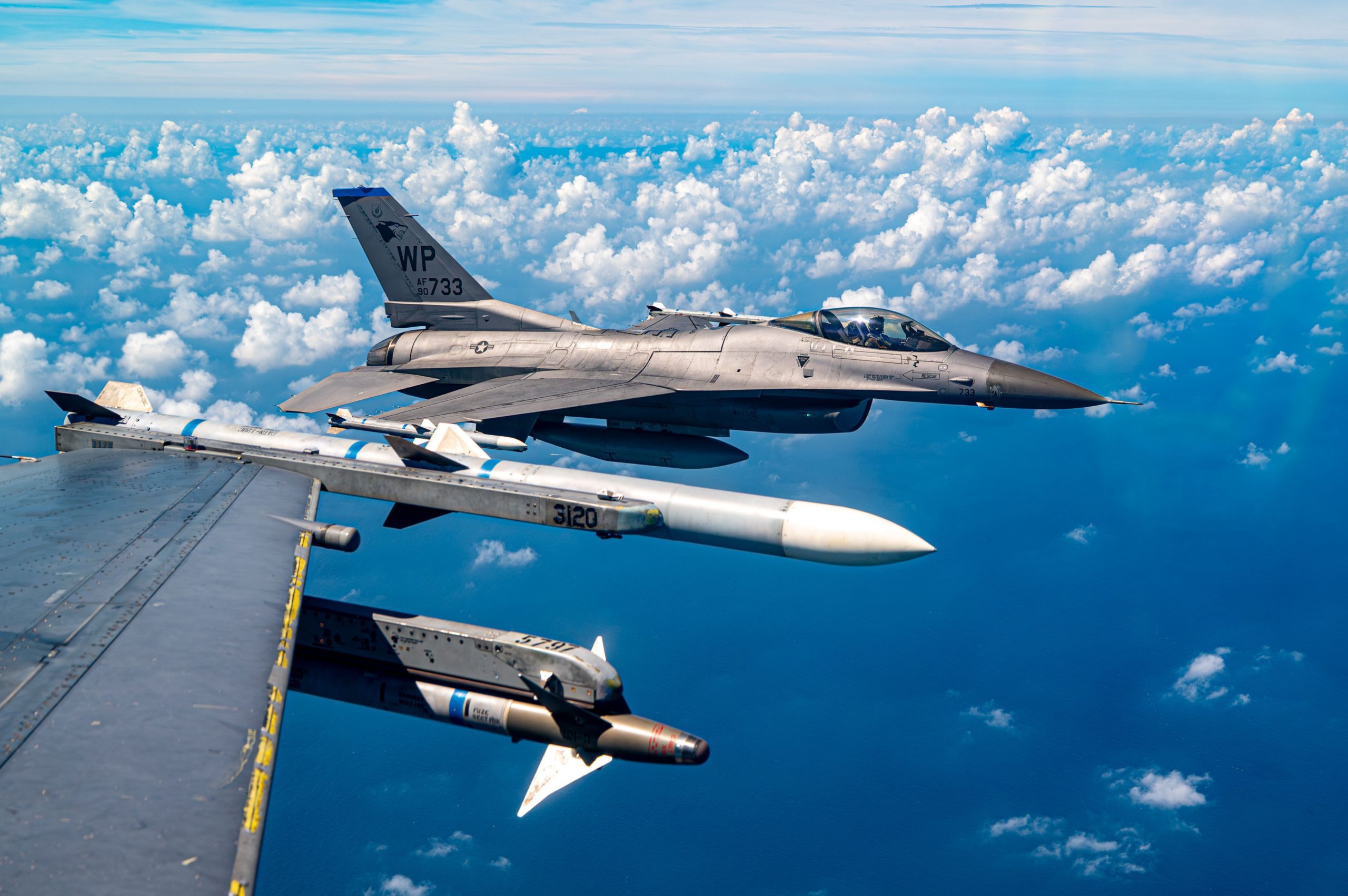 A 35th Fighter Squadron F-16 Fighting Falcon flies near the Korean peninsula during a dogfighting training scenario during exercise Ulchi Freedom Shield 25 at Kunsan Air Base, Republic of Korea, Aug. 20, 2025. UFS25 is a combined, joint, all-domain military training exercise that integrates ground, air, naval, space, cyber and information elements, enhancing readiness through realistic combat simulations. (U.S. Air Force photo by Senior Airman Landon Gunsauls)
