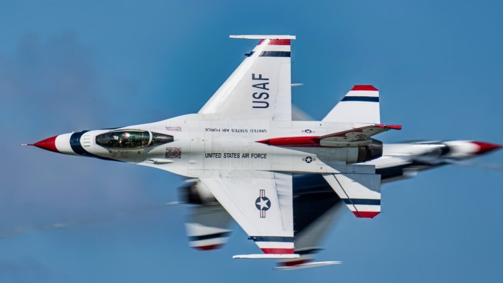 The United States Air Force Air Demonstration Squadron "Thunderbirds" perform at the Defenders of Liberty Airshow at Barksdale Air Force Base, Louisiana, March 29-30, 2025. The Thunderbirds perform at air shows across the country to showcase the capabilities of the United States Air Force, its Airmen, and the F-16 Fighting Falcon. During World War II, Barksdale served as a major bomber training base, and it has since become the home of the 2nd Bomb Wing, the oldest bomb wing in the Air Force. (U.S. Air Force photo by Tech. Sgt. Keith James)