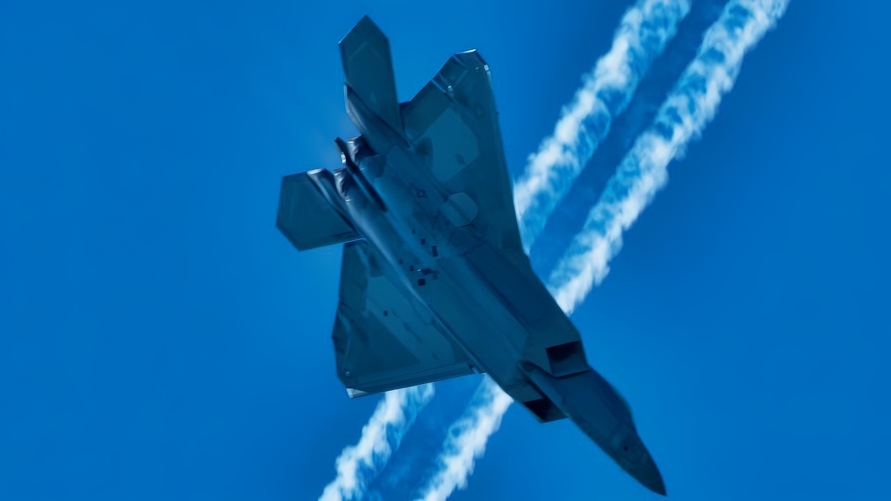 U.S. Air Force Maj. Josh Gunderson, F-22 Demonstration Team pilot, soars through the sky during a demonstration practice Feb. 27, 2020, at Davis-Monthan Air Force Base, Ariz. The Heritage Flight Training Course is a training course for all single-ship aerial demonstration teams prior to the upcoming summer air show season. (U.S. Air Force Photo by Captain Kip Sumner)