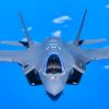 Six F-35 Lightning ii aircraft follow closely behind a KC-135 stratotanker aircraft during a trip across the pacific ocean, April 20, 2025. The KC-135 provided aerial refueling support, enabling the six F-35s to reach Guam and Japan for a military exercise. (U.S. Air National Guard photo by Tech. Sgt. Andrew Stover)