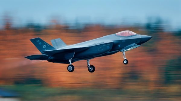 A F-35 Lightning lll assigned to the 354th Fighter Wing takes off from Eielson Air Force Base, Alaska September 19, 2024. The F-35 was participating in a multiple aircraft exercise for the 354th FW. (U.S. Air Force Photo by Senior Sean Lamb)