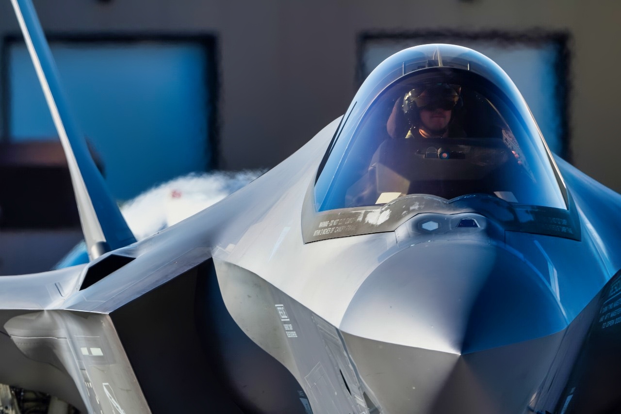 An F-35A Lightning II fighter jet, a single seat, single engine, all-weather stealth multirole fighter aircraft, assigned to the 466 fighter squadron prepares to taxi across the flightline at Hill Air Force Base, Utah, Oct. 5, 2024.