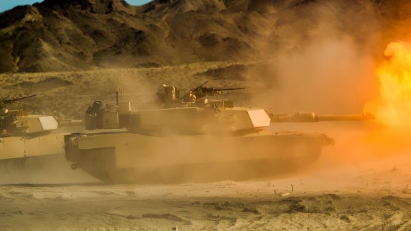 U.S. Marine Corps M1A1 Abrams tank provides suppressive fire against simulated insurgents during day 18 of the Integrated Training Exercise 13-1 at Twentynine Palms Marine Corps Base, Calif., Jan 22, 2013. The ITX is the training exercise that Marines come to prior to deploying. (U.S. Air Force photo by Staff Sgt. Stephany Richards)