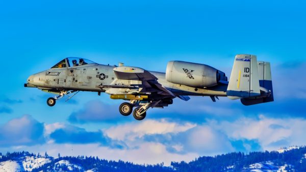 Idaho National Guard pilots land A-10 Thunderbolt IIs after a flight mission near Gowen Field on March 15, 2023 with the Boise foothills in the background. (U.S. National Guard photo by Master Sgt. Becky Vanshur)