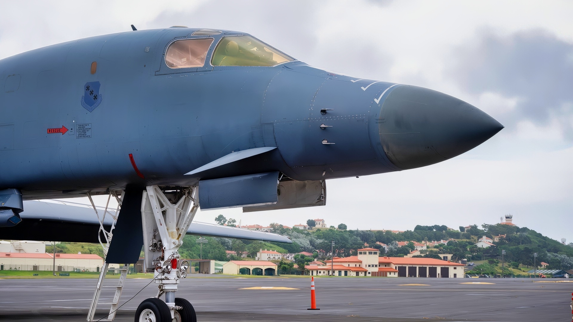 A U.S. Air Force B-1B Lancer sits on the flightline at Lajes Field, Azores, Aug. 22, 2025. The aircraft landed for a hot pit refuel during a Bomber Task Force Europe mission. (U.S. Air Force photo by Cristina Oliveira)