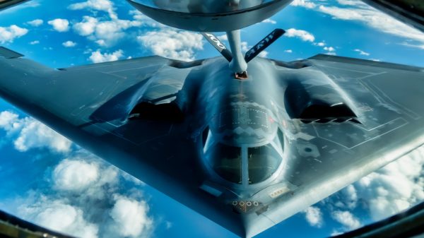 A U.S. Air Force B-2 Spirit assigned to the 509th Bomb Wing from Whiteman Air Force Base, Missouri, receives fuel from a 100th Air Refueling Wing KC-135 Stratotanker during Global Thunder 20, Oct. 28, 2019. Global Thunder is an annual command and control exercise that provides training opportunities for all of U.S. Strategic Command’s mission areas, tests joint and field training operations, and has a specific focus on nuclear readiness. (U.S. Air Force photo by Staff Sgt. Trevor T. McBride)