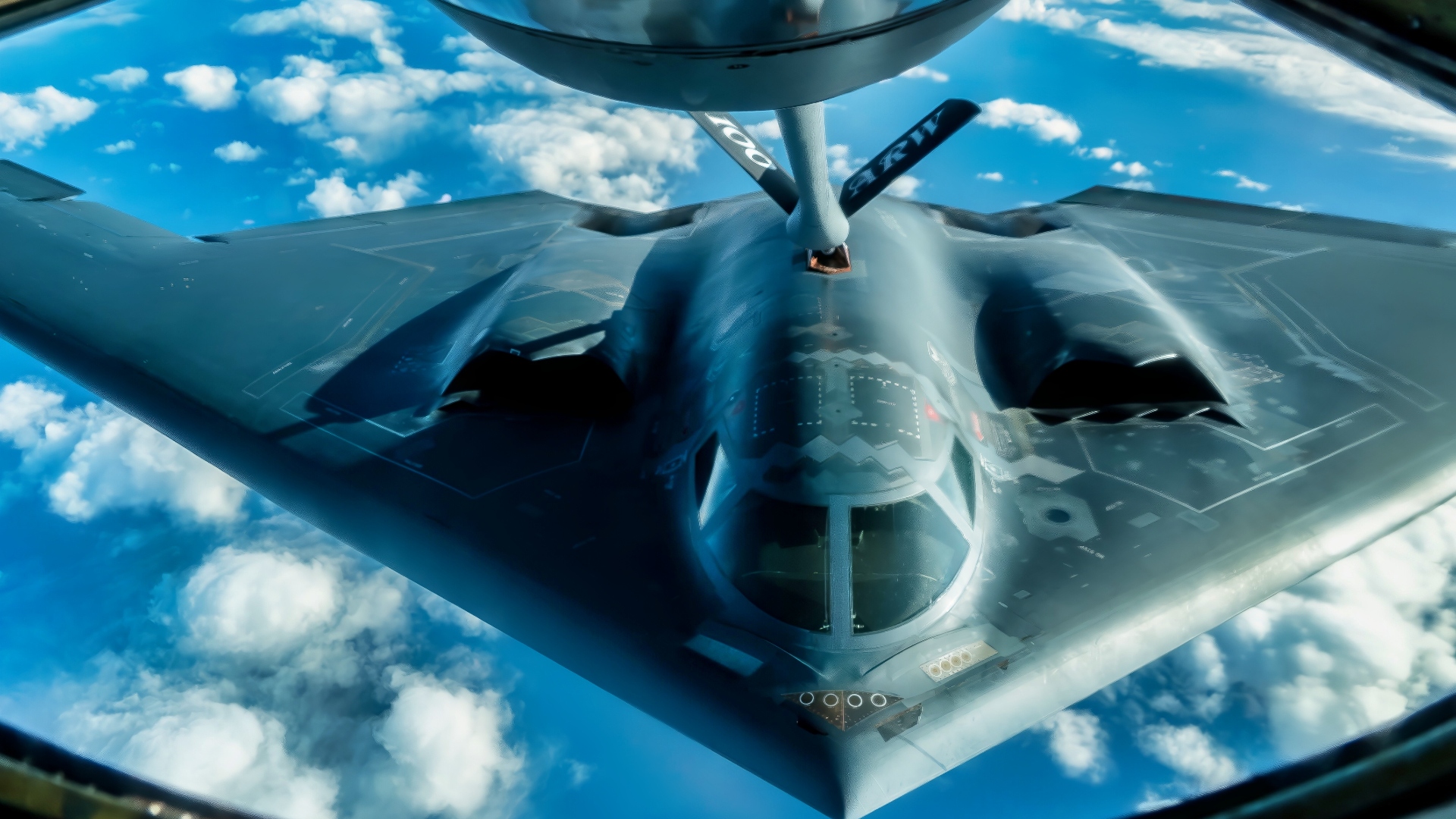 A U.S. Air Force B-2 Spirit assigned to the 509th Bomb Wing from Whiteman Air Force Base, Missouri, receives fuel from a 100th Air Refueling Wing KC-135 Stratotanker during Global Thunder 20, Oct. 28, 2019. Global Thunder is an annual command and control exercise that provides training opportunities for all of U.S. Strategic Command’s mission areas, tests joint and field training operations, and has a specific focus on nuclear readiness. (U.S. Air Force photo by Staff Sgt. Trevor T. McBride)