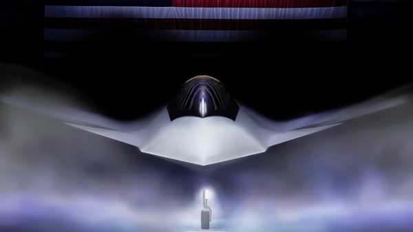 Shown is a graphical artist rendering of the Next Generation Air Dominance (NGAD) Platform. The rendering highlights the Air Force’s sixth generation fighter, the F-47. The NGAD Platform will bring lethal, next-generation technologies to ensure air superiority for the Joint Force in any conflict. (U.S. Air Force graphic)