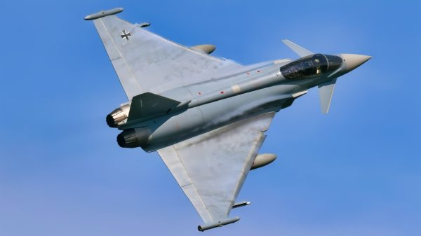 A German Air Force pilot, assigned to the German Air Force Weapons School, conducts strafing runs with an Eurofighter Typhoon in conjunction with U.S. Air Force Joint Terminal Attack Controller assigned to 2d Air Support Operations Squadron identifying targets on the ground at the 7th Army Training Command’s Grafenwoehr Training Area, Germany, June 9, 2021. (U.S. Army photo by Gertrud Zach)