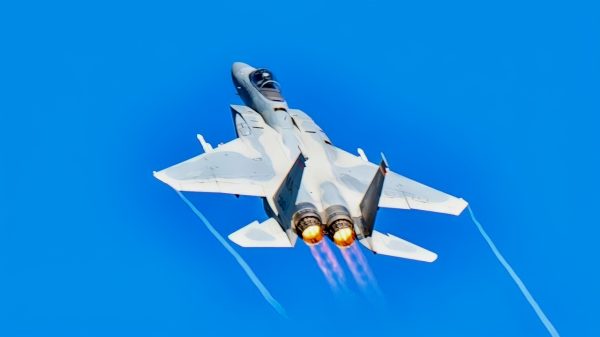 Lt. COl. Stephen 'Steagle' Mindek, 104th Fighter Wing pilot, takes off in an F-15C Eagle for Maj. John "Space' Stout's fini-flight, January 10, 2025, at Barnes Air National Guard Base, Westfield, Massachusetts.