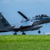 A U.S. Air Force F-15EX Eagle II, assigned to 85th Test and Evaluation Squadron, Eglin Air Force Base, Florida, lands at Kadena Air Base, Japan, July 16, 2025. During the transition to the F-15EX, the U.S. Air Force will sustain a steady-state presence at Kadena through a combination of 4th and 5th generation aircraft. (U.S. Air Force photo by Airman Nathaniel Jackson)