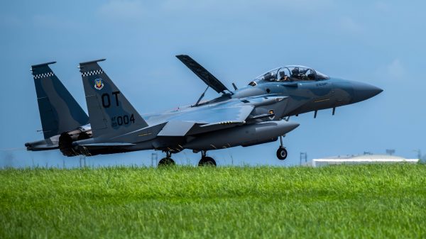 A U.S. Air Force F-15EX Eagle II, assigned to 85th Test and Evaluation Squadron, Eglin Air Force Base, Florida, lands at Kadena Air Base, Japan, July 16, 2025. During the transition to the F-15EX, the U.S. Air Force will sustain a steady-state presence at Kadena through a combination of 4th and 5th generation aircraft. (U.S. Air Force photo by Airman Nathaniel Jackson)