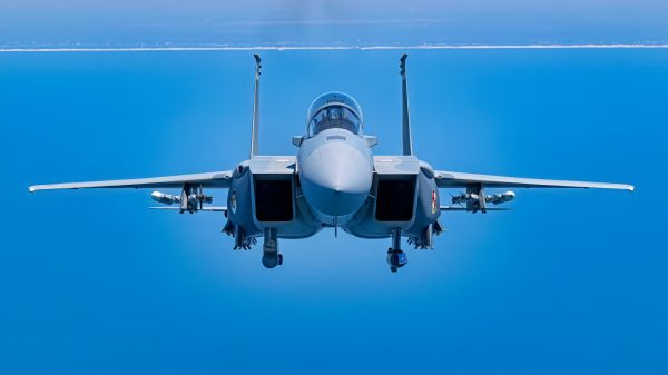 A U.S. Air Force F-15EX Eagle II flies over the Gulf of America, September 16, 2025. The F-15EX, from the 40th Flight Test Squadron at Eglin Air Force Base, Florida, is one of the first F-15EXs in the Air Force, and is going through developmental and operational test series at Eglin to prepare the platform to be delivered to the warfighter.  (U.S. Air Force photo by Tech Sgt. Jacob Stephens)