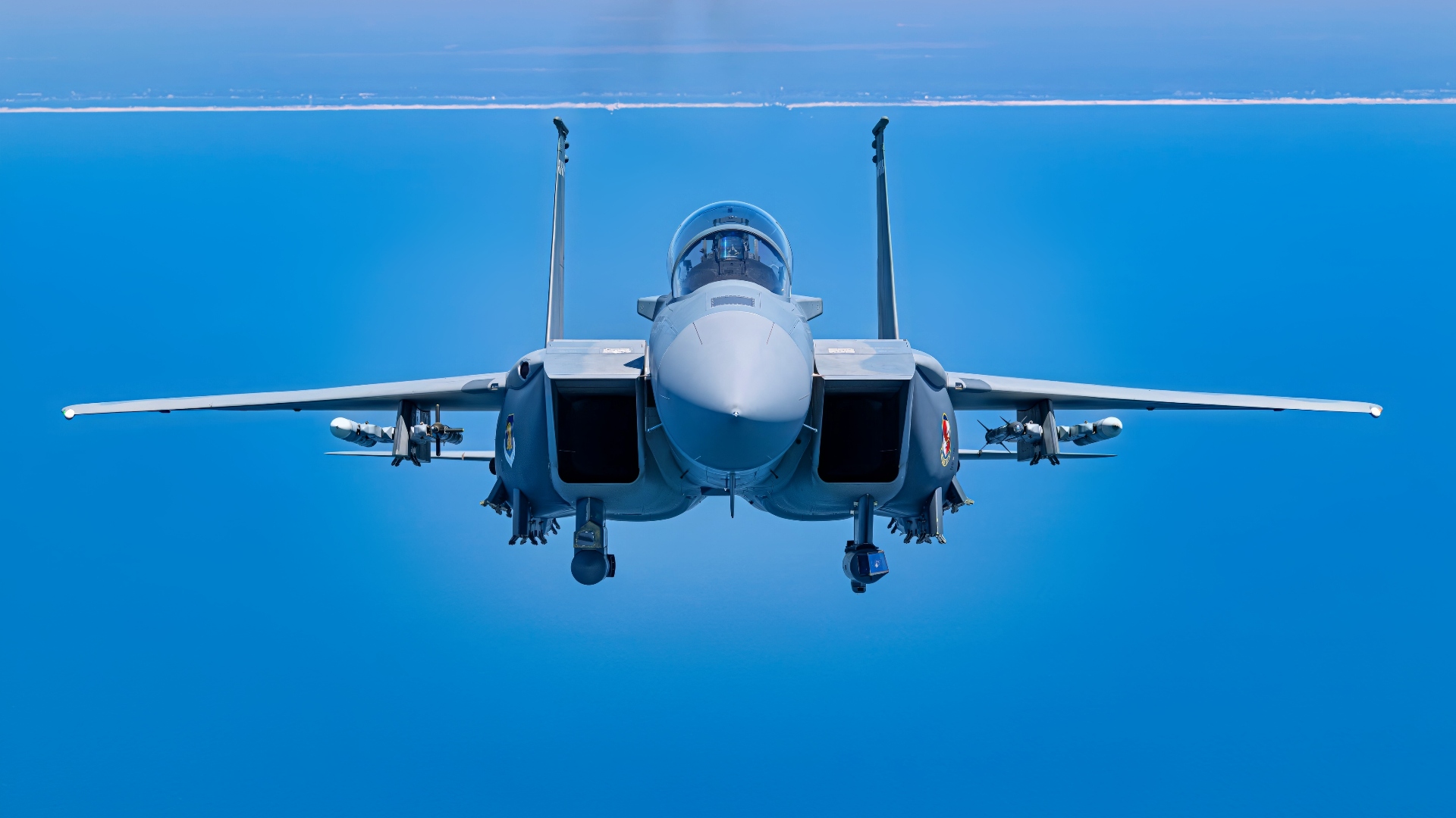 A U.S. Air Force F-15EX Eagle II flies over the Gulf of America, September 16, 2025. The F-15EX, from the 40th Flight Test Squadron at Eglin Air Force Base, Florida, is one of the first F-15EXs in the Air Force, and is going through developmental and operational test series at Eglin to prepare the platform to be delivered to the warfighter.  (U.S. Air Force photo by Tech Sgt. Jacob Stephens)