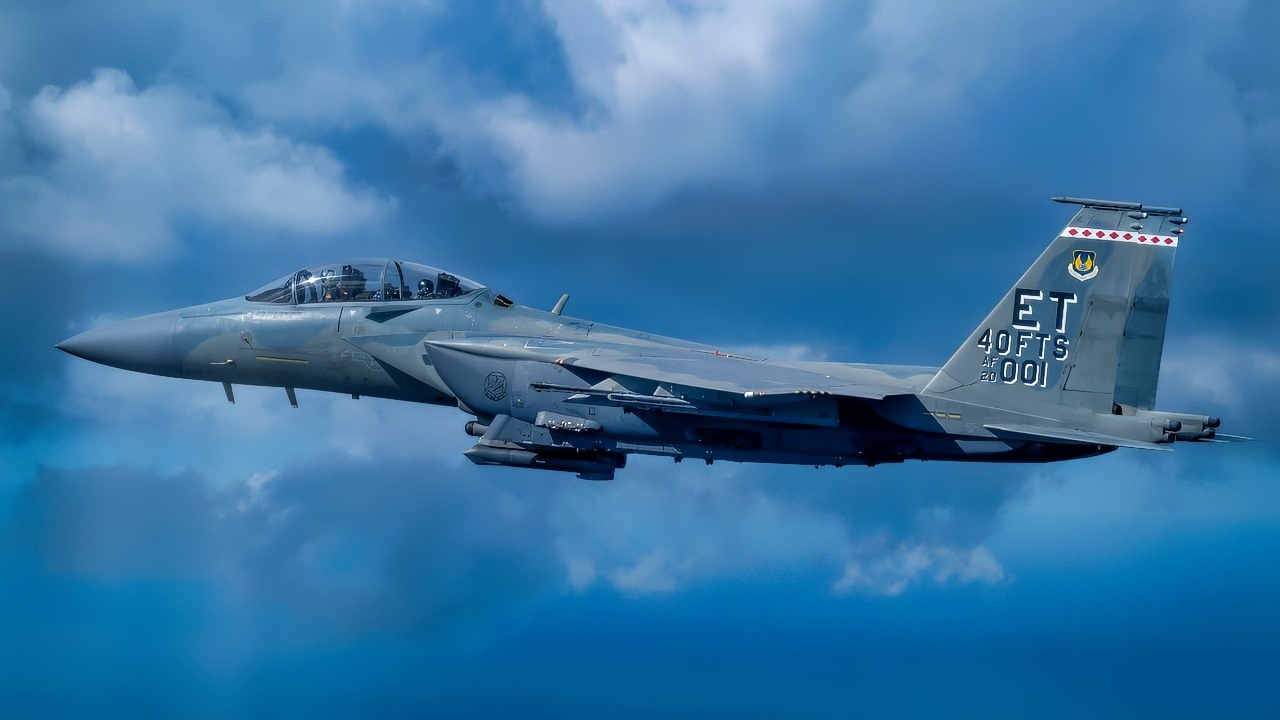 A U.S. Air Force F-15EX Eagle II fighter jet assigned to Eglin Air Force Base, Florida, flies near Jacksonville, Florida, Nov. 2, 2024. Airmen from the 40th Flight Test Squadron and 96th Aircraft Maintenance Unit supported a flyover for the annual Florida-Georgia college football game. (U.S. Air Force photo by Staff Sgt. Blake Wiles)