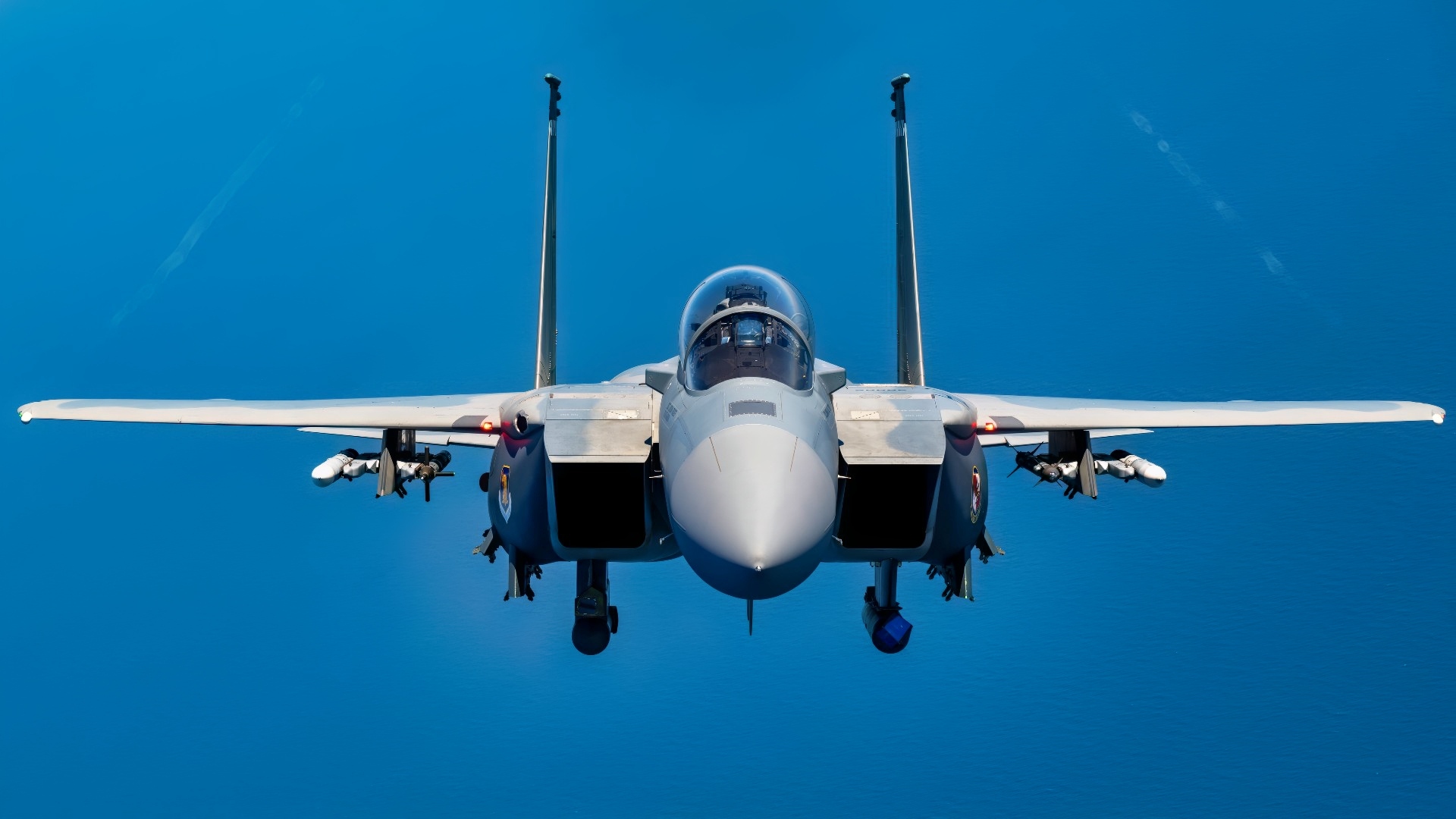 A U.S. Air Force F-15EX Eagle II flies over the Gulf of America, September 16, 2025. The F-15EX, from the 40th Flight Test Squadron at Eglin Air Force Base, Florida, is one of the first F-15EXs in the Air Force, and is going through developmental and operational test series at Eglin to confirm its operational capabilities before it is delivered to the combat Air Force. (U.S. Air Force photo by Staff Sgt. Blake Wiles)
