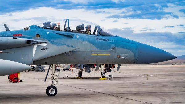 U.S. Air Force Maj. Michael Tope, right, and Brig. Gen. Michael Rawls, taxis to the runway in a F-15EX Eagle II for a training operation at Nellis Air Force Base, Nevada, Nov. 15, 2023. The EX is the most advanced variant of the F-15 aircraft family, with the capability to carry a great number of missiles in support of the F-35A Lightning II. (U.S. Air Force photo by Airman 1st Class Elizabeth Tan)