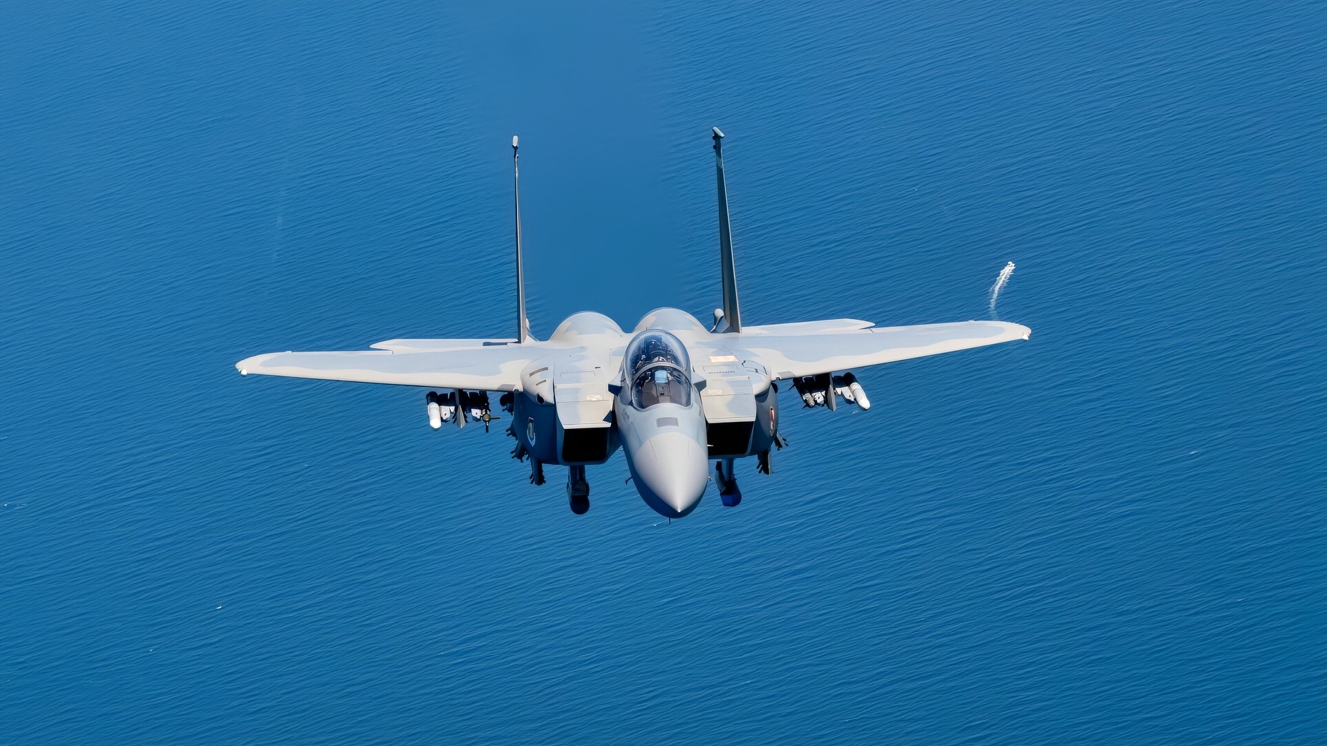 A U.S. Air Force F-15EX Eagle II flies over the Gulf of America, September 16, 2025. The F-15EX, from the 40th Flight Test Squadron at Eglin Air Force Base, Florida, is one of the first F-15EXs in the Air Force, and is going through developmental and operational test series at Eglin to confirm its operational capabilities before it is delivered to the combat Air Force. (U.S. Air Force photo by Staff Sgt. Blake Wiles)