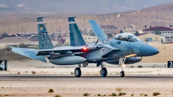 An F-15EX Eagle II lands on the flight line after a training operation at Nellis Air Force Base, Nevada, Nov. 15, 2023. The aircraft is able to fly at a speed of Mach 2.5, constituting it as the world’s fastest fighter jet. (U.S. Air Force photo by Airman 1st Class Elizabeth Tan)