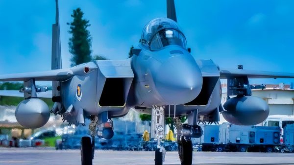 Two U.S. Air Force F-15EX Eagle IIs assigned to the 85th Test and Evaluation Squadron, Eglin Air Force Base, Florida, taxi after landing at Kadena Air Base, Japan, July 16, 2025. Local units conducted integration and familiarization training with the F-15EX. (U.S. Air Force photo by Airman 1st Class Arnet Shayne Tamayo)