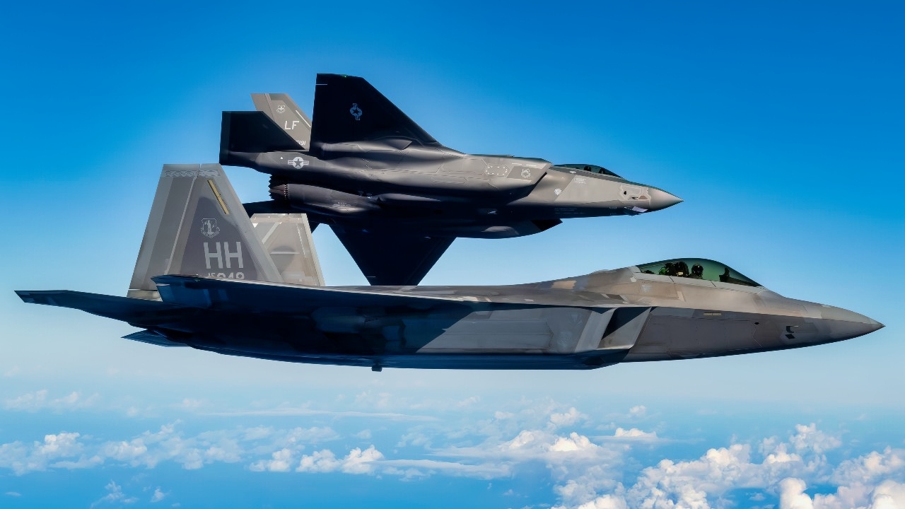 An F-35A Lightning II banks away from an F-22 Raptor Feb. 6, 2020, near the Hawaiian Islands. F-35 Airmen from Luke Air Force Base, Ariz., temporarily relocated to Joint Base Pearl Harbor-Hickam, Hawaii, to join other flying squadrons in exercise Pacific Raptor. Every training mission of the exercise was carried out by total-force teams from the Air Force’s Active, Reserve and Air National Guard components. (courtesy photo)